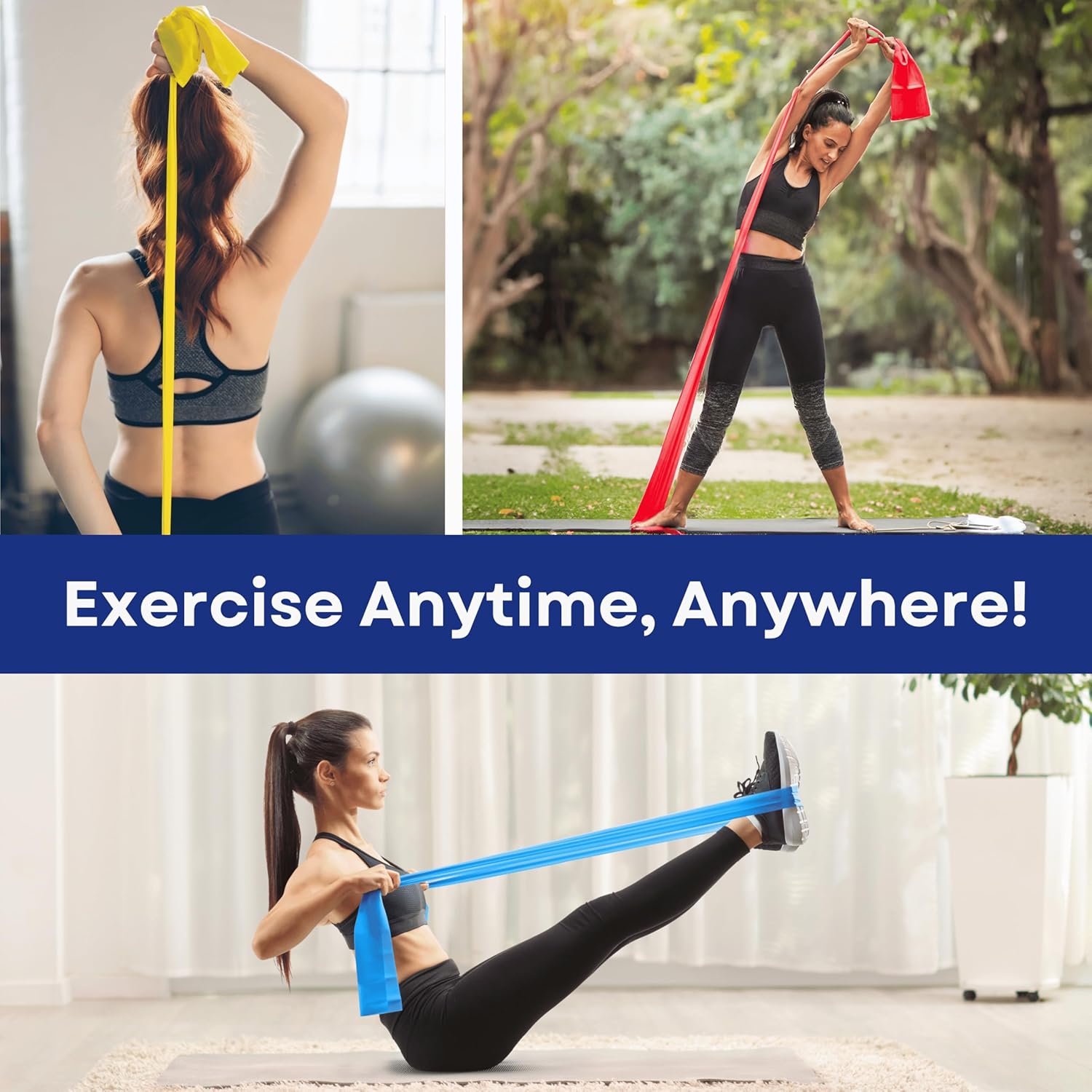 Long Resistance Bands with Instruction Guide &amp; Carry Bag - Latex Free Exercise Band for Working Out, Physical Therapy, Rehab, Stretch, Yoga &amp; Pilates, Set of 3